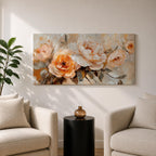 Panoramic floral painting featuring large peach and cream garden style blossoms with layered petals arranged in a soft bouquet composition. Thick textured brushstrokes in warm peach, ivory, and beige tones blend with muted green leaves and a light neutral background creating a wide botanical composition.