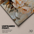 Panoramic floral painting featuring large peach and cream garden style blossoms with layered petals arranged in a soft bouquet composition. Thick textured brushstrokes in warm peach, ivory, and beige tones blend with muted green leaves and a light neutral background creating a wide botanical composition.