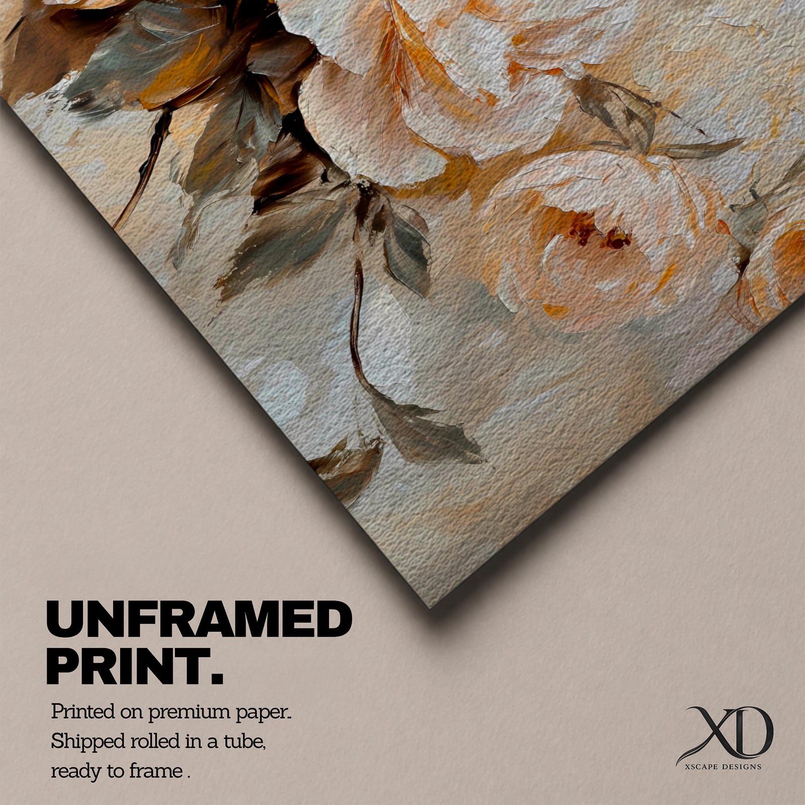 Panoramic floral painting featuring large peach and cream garden style blossoms with layered petals arranged in a soft bouquet composition. Thick textured brushstrokes in warm peach, ivory, and beige tones blend with muted green leaves and a light neutral background creating a wide botanical composition.