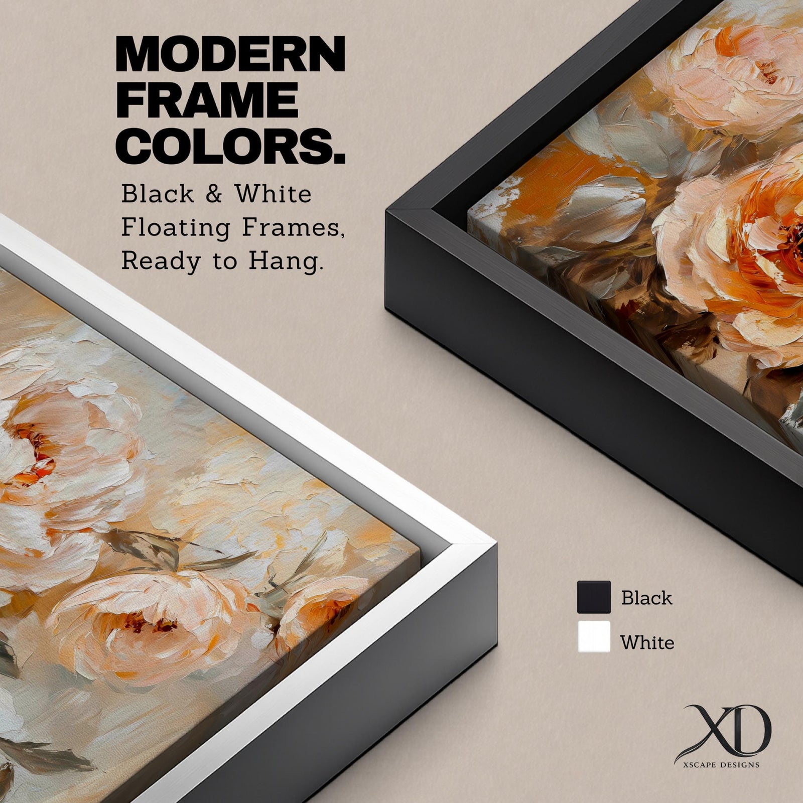 Panoramic floral painting featuring large peach and cream garden style blossoms with layered petals arranged in a soft bouquet composition. Thick textured brushstrokes in warm peach, ivory, and beige tones blend with muted green leaves and a light neutral background creating a wide botanical composition.