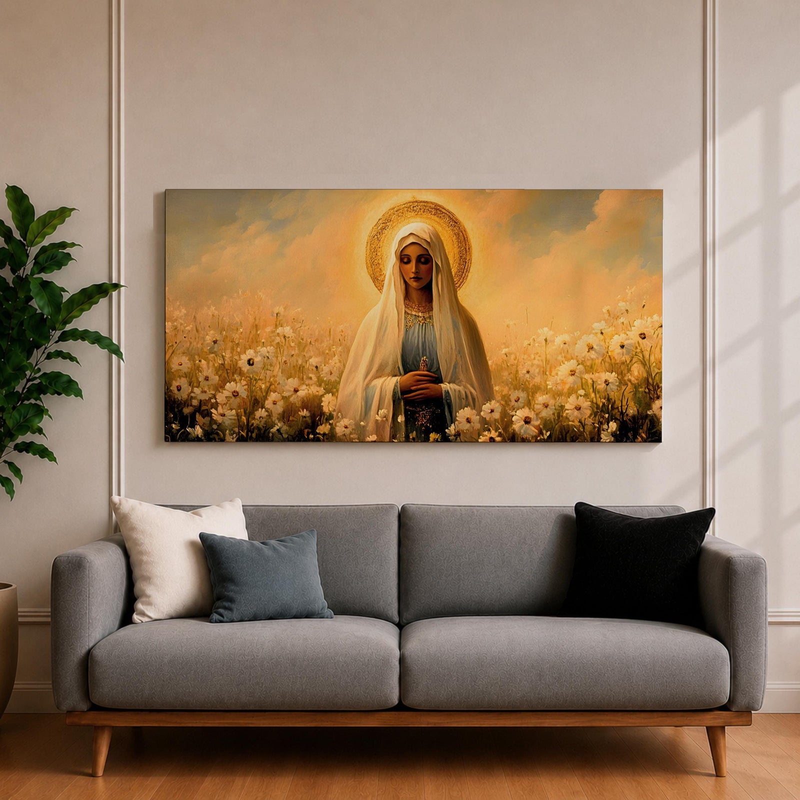 Panoramic painting of the Virgin Mary standing in a field of white flowers with a golden halo surrounding her head. She wears a flowing veil and robe while holding her hands gently together. Warm golden sky tones and soft floral details create a serene devotional composition.