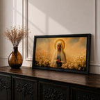 Panoramic painting of the Virgin Mary standing in a field of white flowers with a golden halo surrounding her head. She wears a flowing veil and robe while holding her hands gently together. Warm golden sky tones and soft floral details create a serene devotional composition.