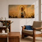 Panoramic painting of the Virgin Mary standing in a field of white flowers with a golden halo surrounding her head. She wears a flowing veil and robe while holding her hands gently together. Warm golden sky tones and soft floral details create a serene devotional composition.