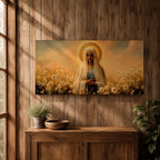 Panoramic painting of the Virgin Mary standing in a field of white flowers with a golden halo surrounding her head. She wears a flowing veil and robe while holding her hands gently together. Warm golden sky tones and soft floral details create a serene devotional composition.