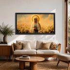 Panoramic painting of the Virgin Mary standing in a field of white flowers with a golden halo surrounding her head. She wears a flowing veil and robe while holding her hands gently together. Warm golden sky tones and soft floral details create a serene devotional composition.