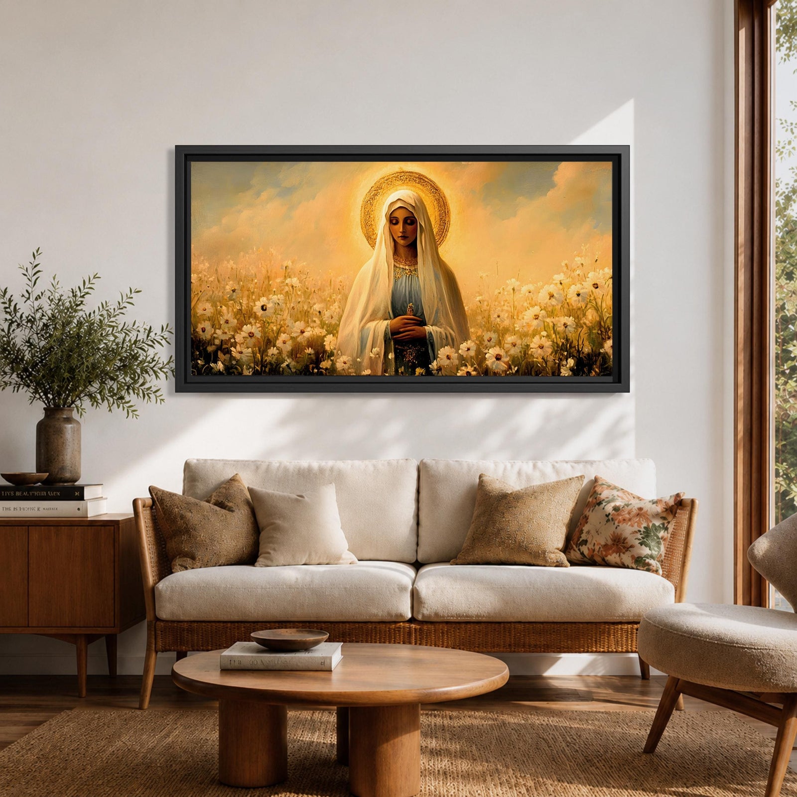 Panoramic painting of the Virgin Mary standing in a field of white flowers with a golden halo surrounding her head. She wears a flowing veil and robe while holding her hands gently together. Warm golden sky tones and soft floral details create a serene devotional composition.