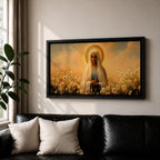 Panoramic painting of the Virgin Mary standing in a field of white flowers with a golden halo surrounding her head. She wears a flowing veil and robe while holding her hands gently together. Warm golden sky tones and soft floral details create a serene devotional composition.