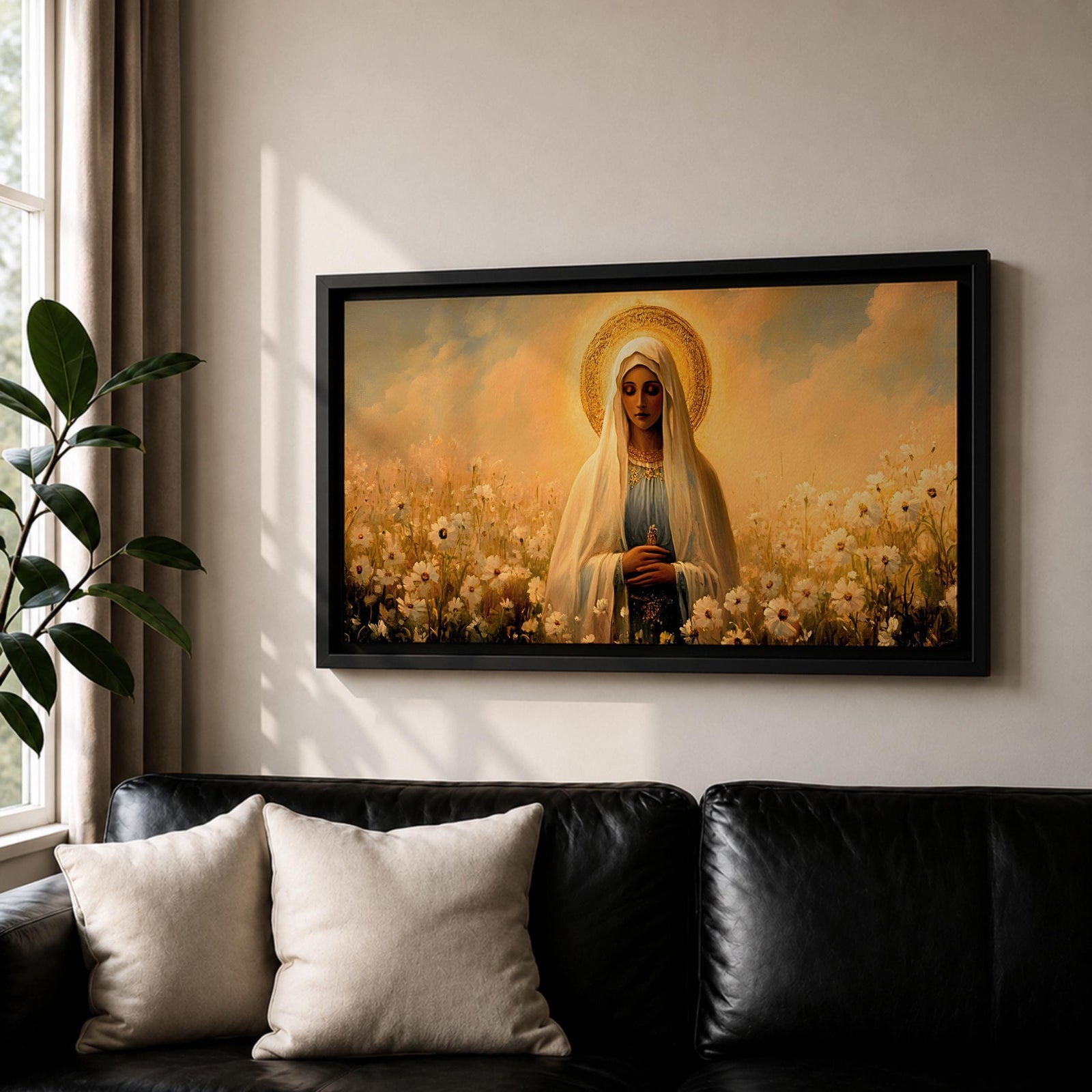 Panoramic painting of the Virgin Mary standing in a field of white flowers with a golden halo surrounding her head. She wears a flowing veil and robe while holding her hands gently together. Warm golden sky tones and soft floral details create a serene devotional composition.