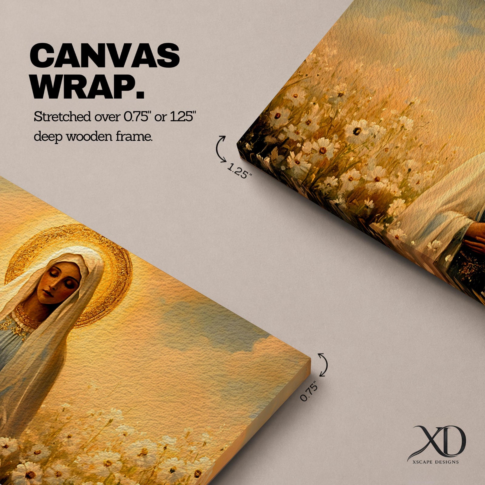 Panoramic painting of the Virgin Mary standing in a field of white flowers with a golden halo surrounding her head. She wears a flowing veil and robe while holding her hands gently together. Warm golden sky tones and soft floral details create a serene devotional composition.