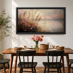 Panoramic landscape painting of soft pink wildflowers and tall grasses growing along a calm lakeshore. The scene features delicate meadow blooms in the foreground with textured brushstrokes and warm earthy tones, fading into a misty reflective lake and distant horizon under a gentle sky.