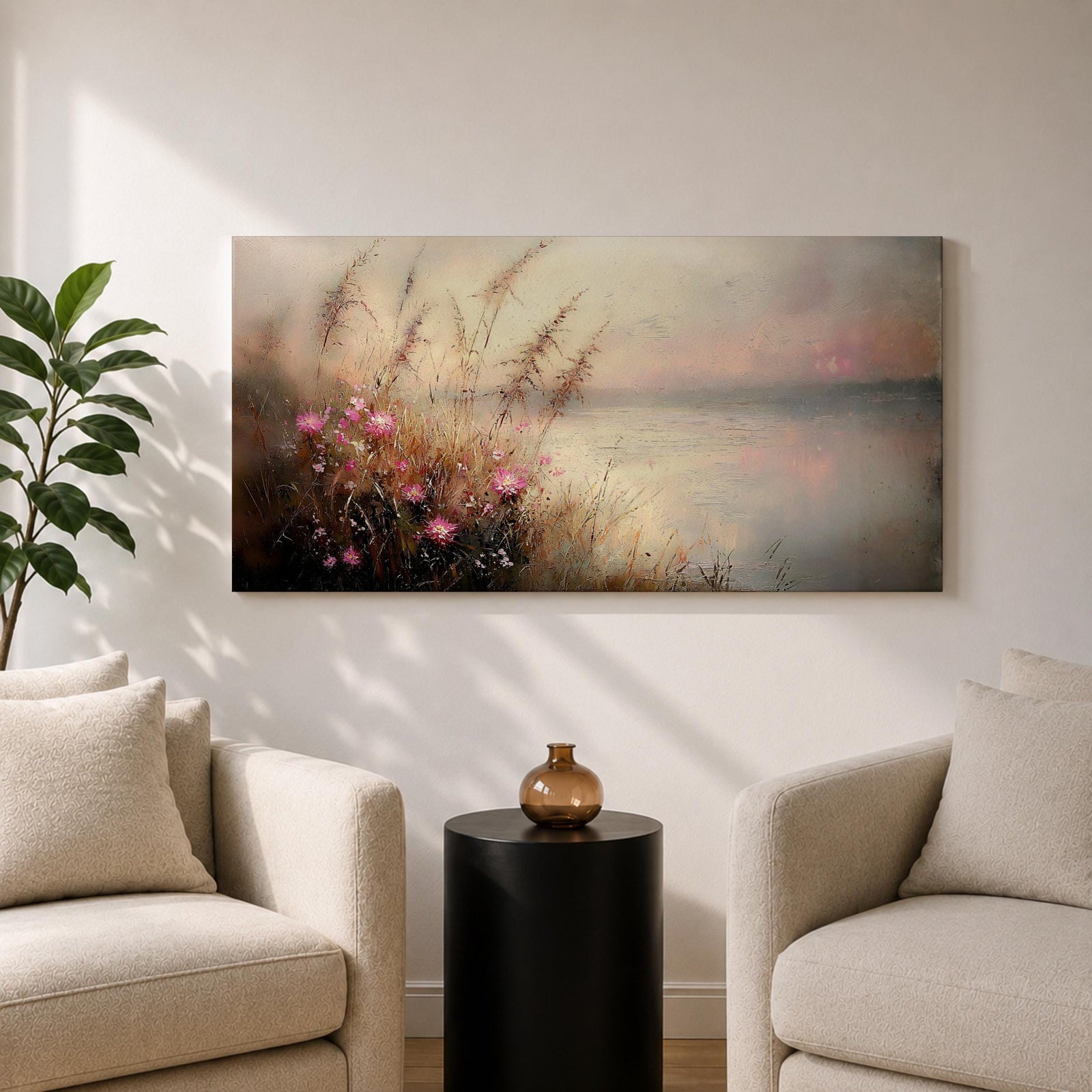 Panoramic landscape painting of soft pink wildflowers and tall grasses growing along a calm lakeshore. The scene features delicate meadow blooms in the foreground with textured brushstrokes and warm earthy tones, fading into a misty reflective lake and distant horizon under a gentle sky.