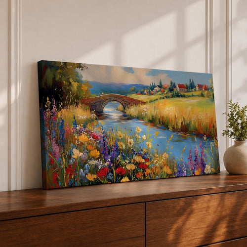 Panoramic landscape painting of a winding river flowing through a countryside meadow filled with colorful wildflowers. A small stone bridge arches over the water while fields, cottages, and rolling hills stretch into the distance under a bright sky, rendered with vibrant textured brushstrokes.