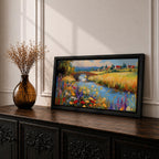 Panoramic landscape painting of a winding river flowing through a countryside meadow filled with colorful wildflowers. A small stone bridge arches over the water while fields, cottages, and rolling hills stretch into the distance under a bright sky, rendered with vibrant textured brushstrokes.