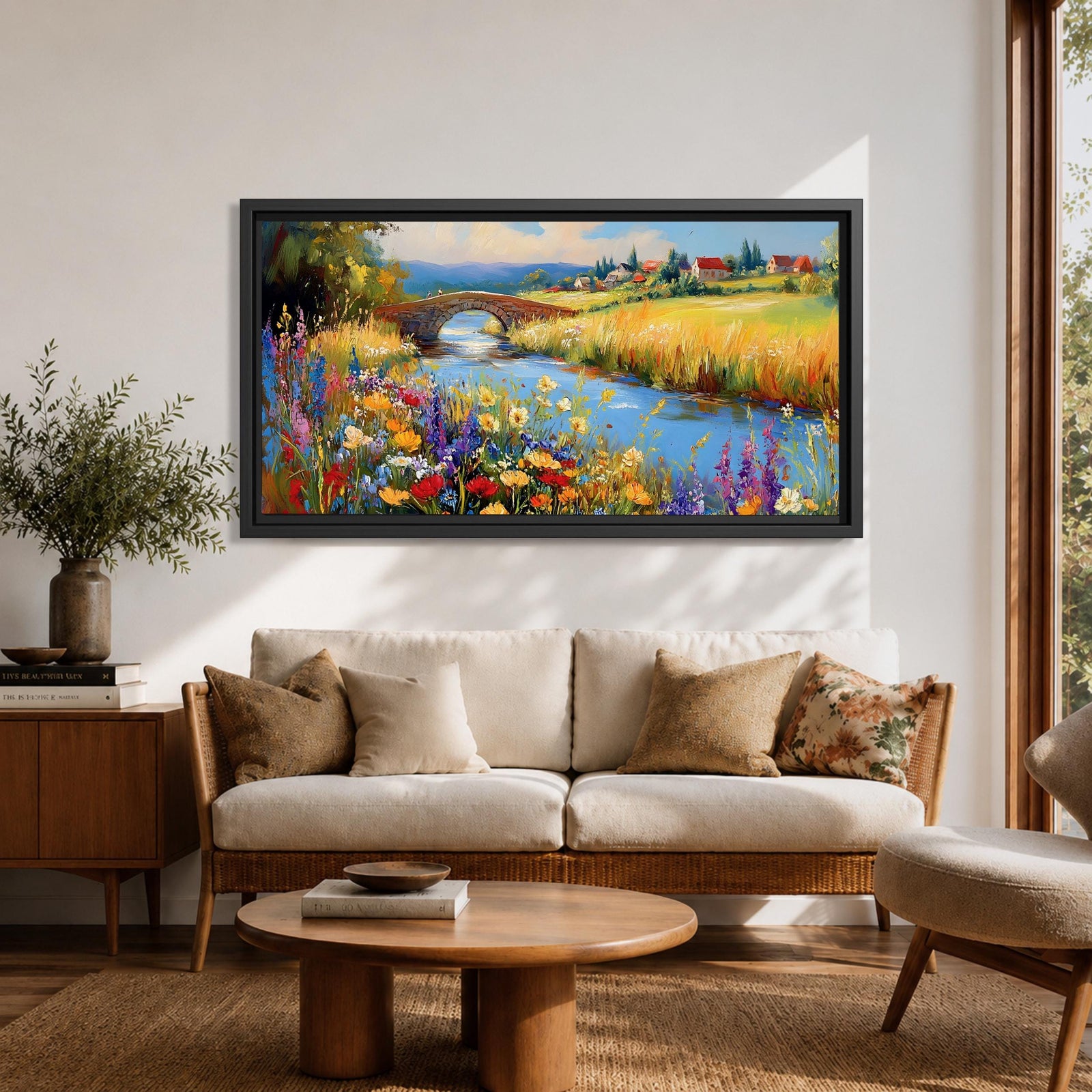 Panoramic landscape painting of a winding river flowing through a countryside meadow filled with colorful wildflowers. A small stone bridge arches over the water while fields, cottages, and rolling hills stretch into the distance under a bright sky, rendered with vibrant textured brushstrokes.