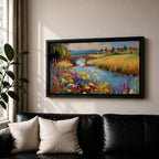 Panoramic landscape painting of a winding river flowing through a countryside meadow filled with colorful wildflowers. A small stone bridge arches over the water while fields, cottages, and rolling hills stretch into the distance under a bright sky, rendered with vibrant textured brushstrokes.