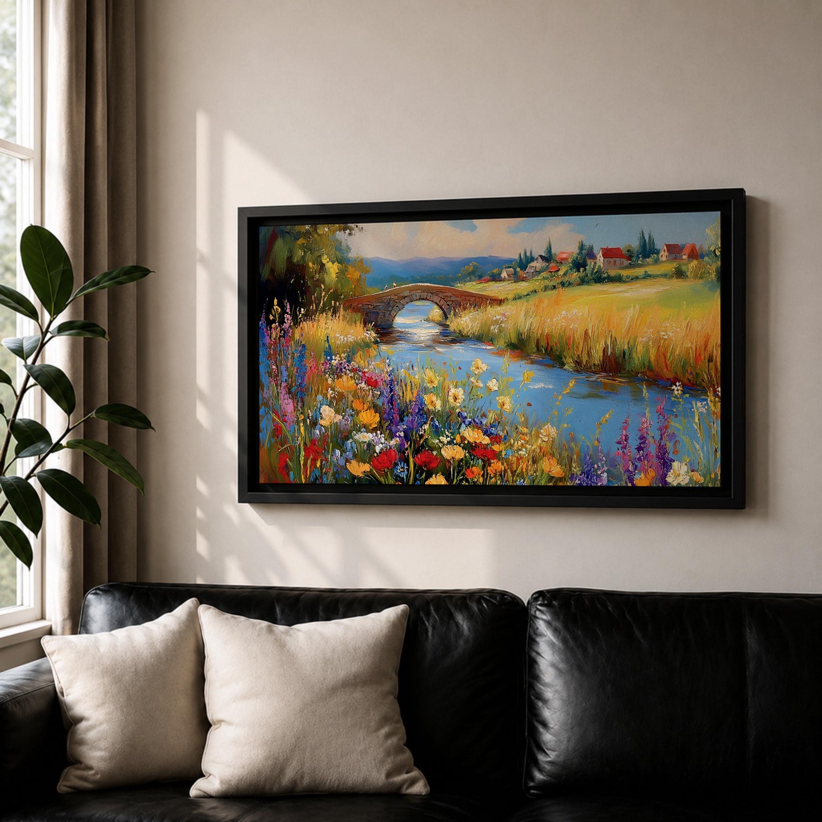 Panoramic landscape painting of a winding river flowing through a countryside meadow filled with colorful wildflowers. A small stone bridge arches over the water while fields, cottages, and rolling hills stretch into the distance under a bright sky, rendered with vibrant textured brushstrokes.