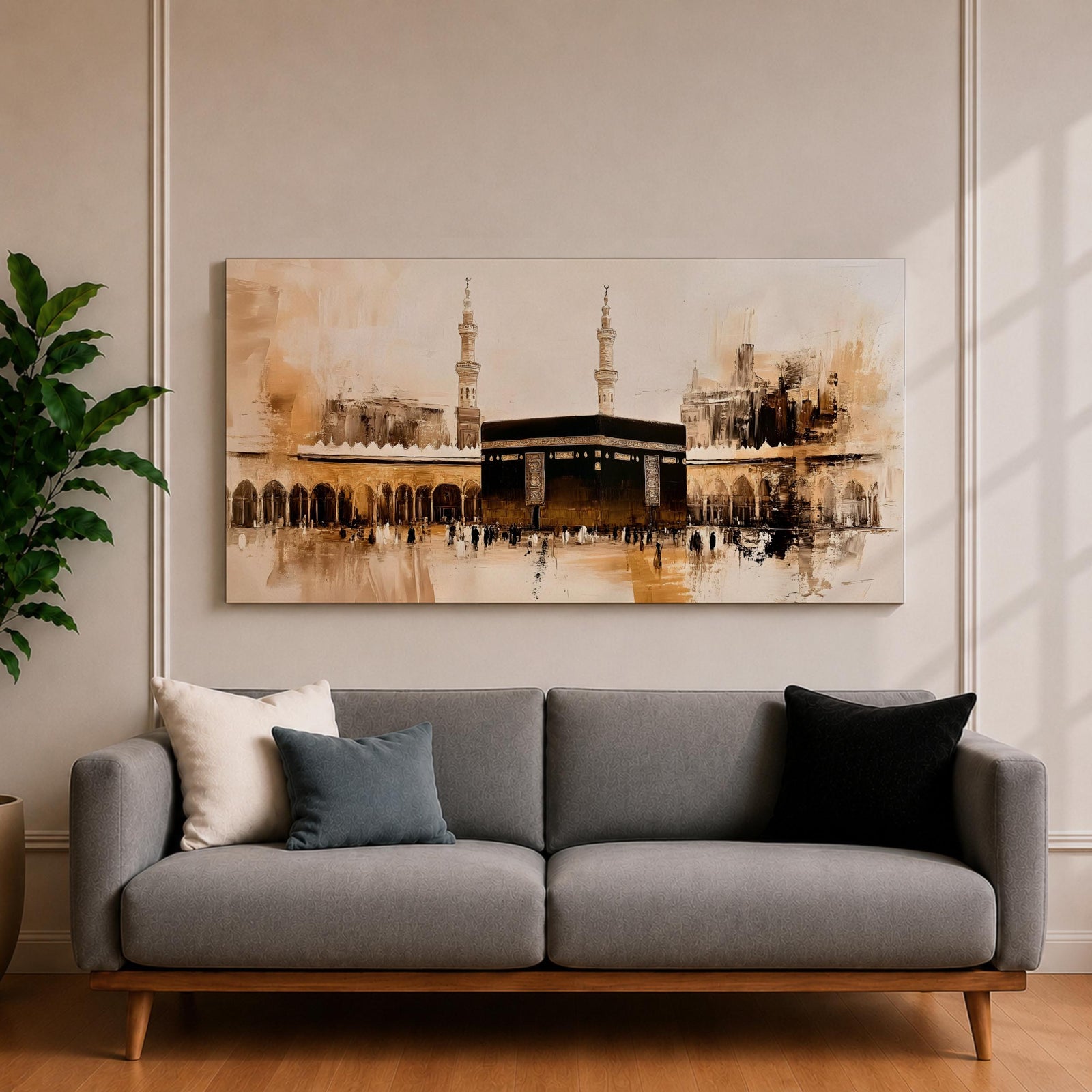 Panoramic painting of the Kaaba at Masjid al Haram in Mecca surrounded by mosque arches and tall minarets. The composition features the black cube structure at the center with pilgrims gathered in the courtyard, rendered in expressive brushstrokes with beige, brown, and gold tones.