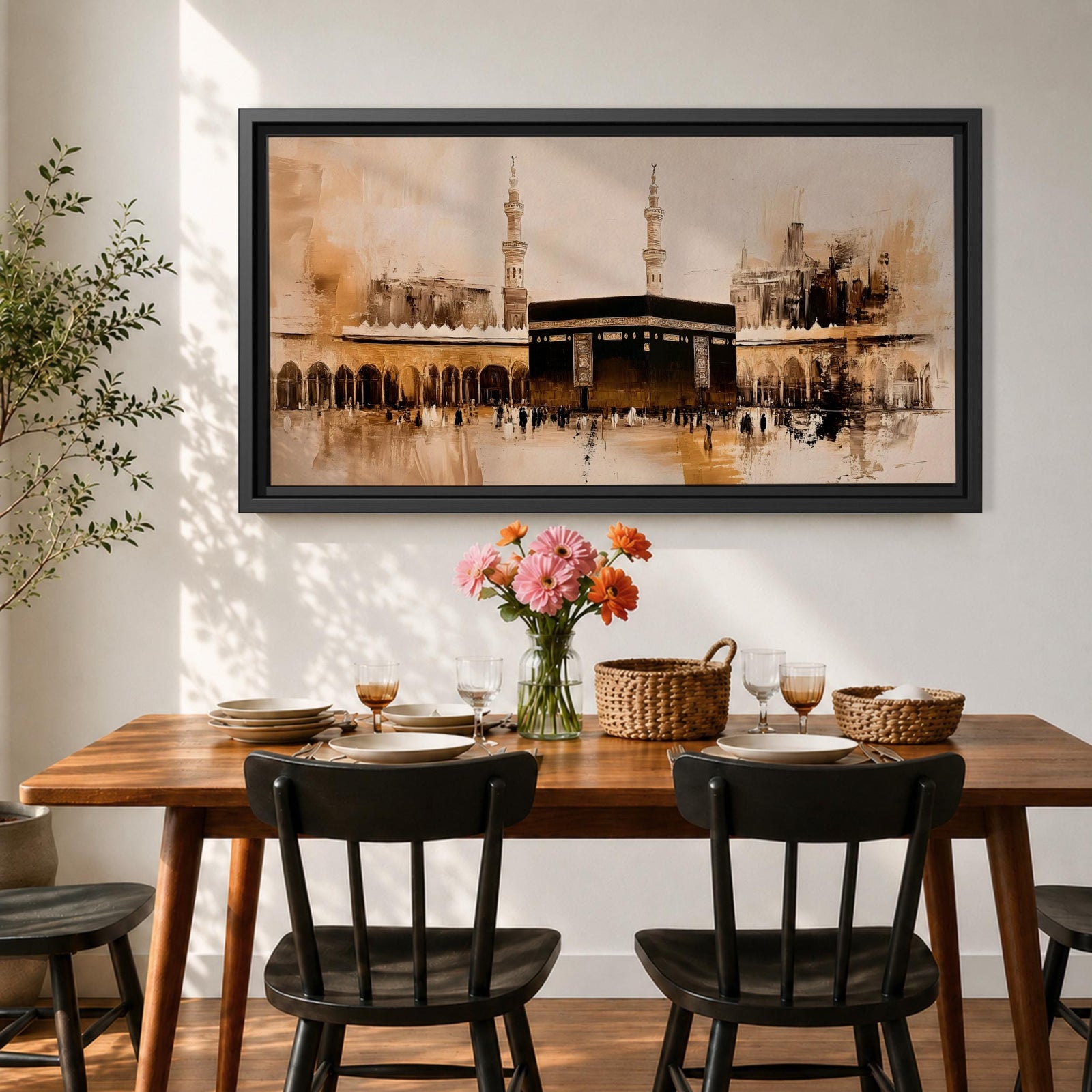Panoramic painting of the Kaaba at Masjid al Haram in Mecca surrounded by mosque arches and tall minarets. The composition features the black cube structure at the center with pilgrims gathered in the courtyard, rendered in expressive brushstrokes with beige, brown, and gold tones.