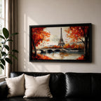 Panoramic painting of the Eiffel Tower rising above the Seine River with an arched stone bridge and classic Parisian buildings along the waterfront. Vibrant red and orange autumn trees frame the scene while textured brushstrokes reflect warm foliage and architecture across the calm river surface.