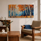 Panoramic painting of tall white birch trees with textured bark standing among vivid orange autumn foliage. Thick palette knife brushstrokes create layered leaves and forest floor tones, with warm golden light filtering through the canopy against cool blue woodland shadows.
