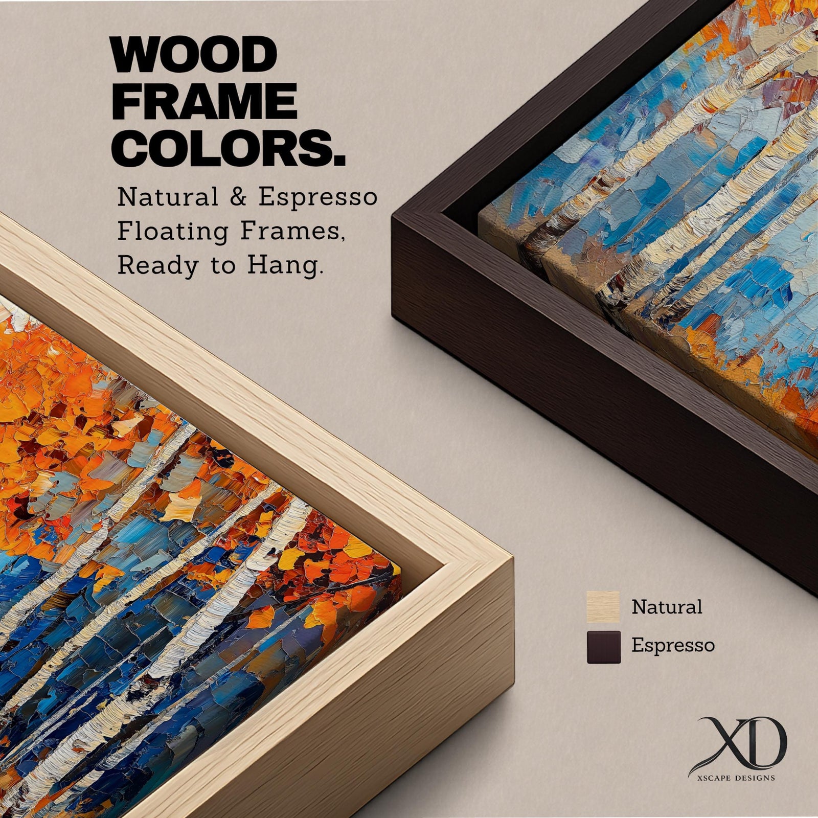 Panoramic painting of tall white birch trees with textured bark standing among vivid orange autumn foliage. Thick palette knife brushstrokes create layered leaves and forest floor tones, with warm golden light filtering through the canopy against cool blue woodland shadows.