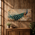 Panoramic painting of a peacock perched with an elongated flowing tail filled with vibrant blue, teal, and gold eye patterned feathers. The composition includes ornate botanical scrolls and floral motifs surrounding the bird, rendered with textured brushwork against a warm neutral background.