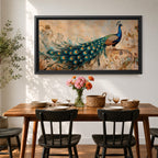 Panoramic painting of a peacock perched with an elongated flowing tail filled with vibrant blue, teal, and gold eye patterned feathers. The composition includes ornate botanical scrolls and floral motifs surrounding the bird, rendered with textured brushwork against a warm neutral background.
