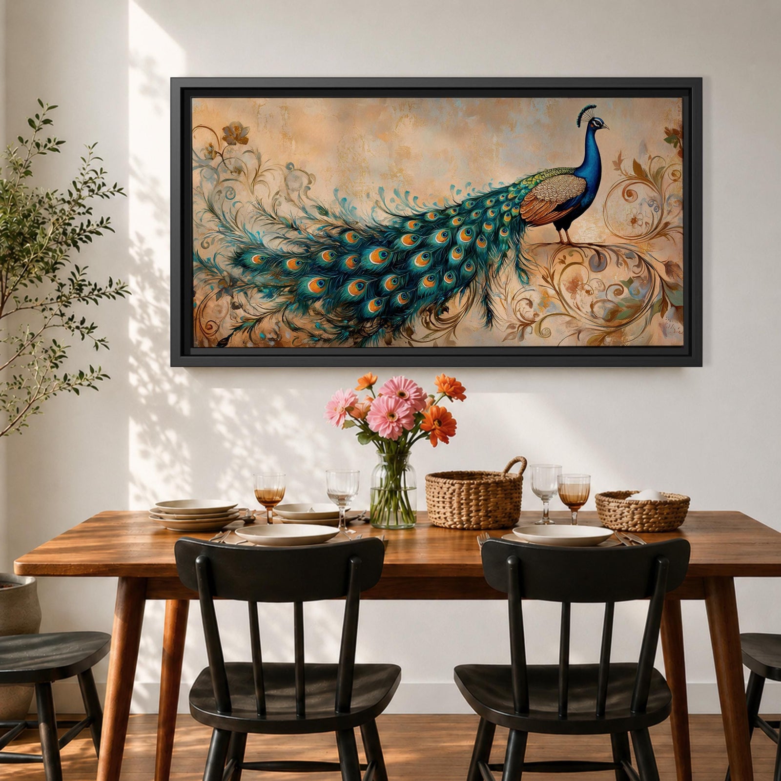 Panoramic painting of a peacock perched with an elongated flowing tail filled with vibrant blue, teal, and gold eye patterned feathers. The composition includes ornate botanical scrolls and floral motifs surrounding the bird, rendered with textured brushwork against a warm neutral background.