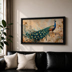 Panoramic painting of a peacock perched with an elongated flowing tail filled with vibrant blue, teal, and gold eye patterned feathers. The composition includes ornate botanical scrolls and floral motifs surrounding the bird, rendered with textured brushwork against a warm neutral background.