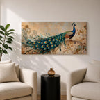 Panoramic painting of a peacock perched with an elongated flowing tail filled with vibrant blue, teal, and gold eye patterned feathers. The composition includes ornate botanical scrolls and floral motifs surrounding the bird, rendered with textured brushwork against a warm neutral background.