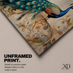 Panoramic painting of a peacock perched with an elongated flowing tail filled with vibrant blue, teal, and gold eye patterned feathers. The composition includes ornate botanical scrolls and floral motifs surrounding the bird, rendered with textured brushwork against a warm neutral background.