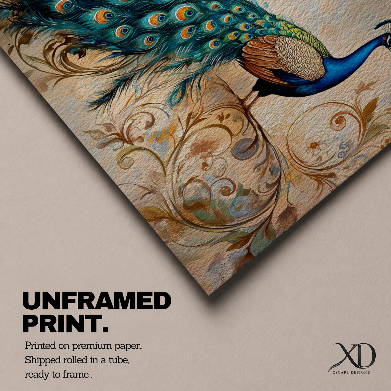 Panoramic painting of a peacock perched with an elongated flowing tail filled with vibrant blue, teal, and gold eye patterned feathers. The composition includes ornate botanical scrolls and floral motifs surrounding the bird, rendered with textured brushwork against a warm neutral background.