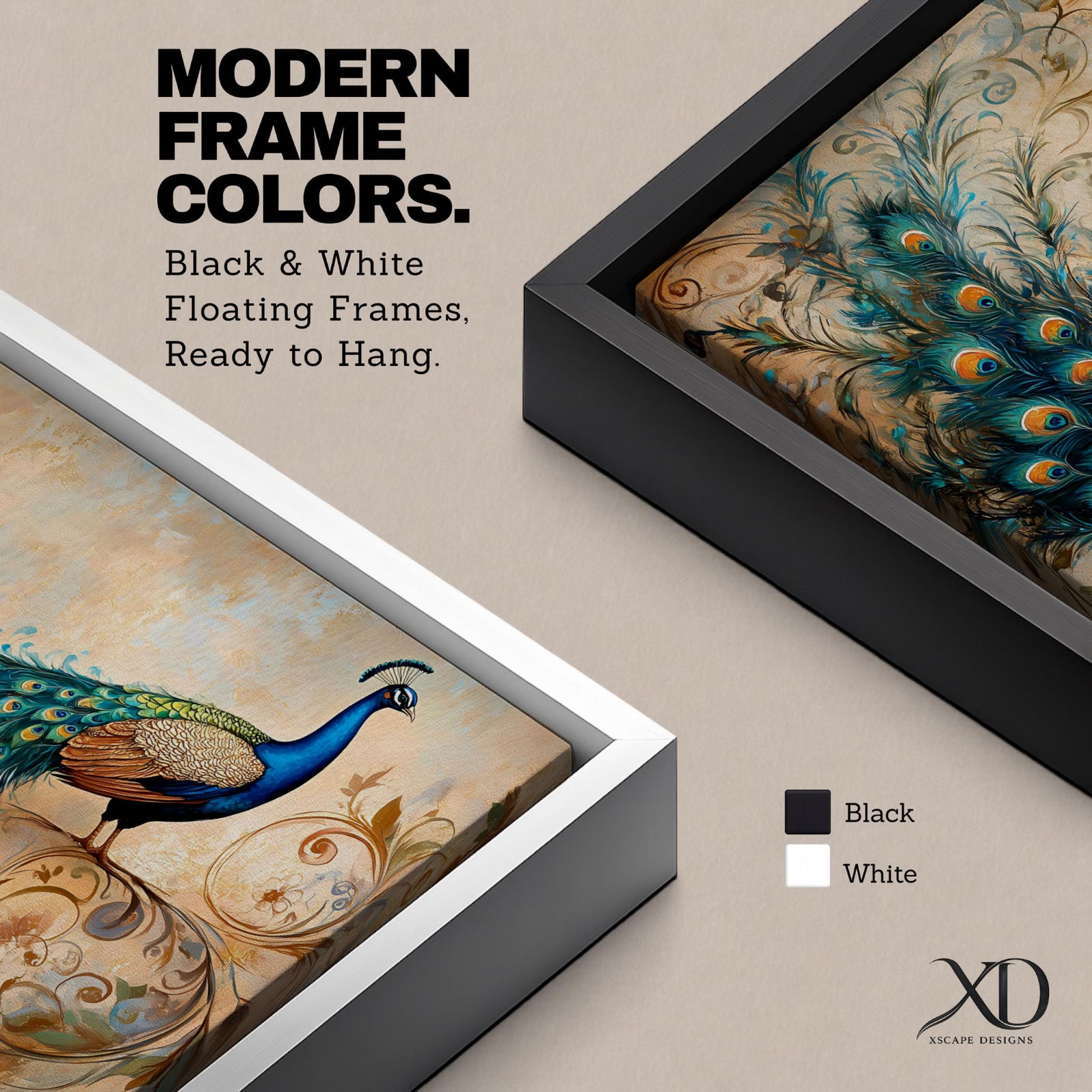 Panoramic painting of a peacock perched with an elongated flowing tail filled with vibrant blue, teal, and gold eye patterned feathers. The composition includes ornate botanical scrolls and floral motifs surrounding the bird, rendered with textured brushwork against a warm neutral background.