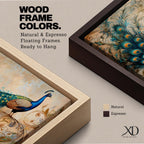 Panoramic painting of a peacock perched with an elongated flowing tail filled with vibrant blue, teal, and gold eye patterned feathers. The composition includes ornate botanical scrolls and floral motifs surrounding the bird, rendered with textured brushwork against a warm neutral background.
