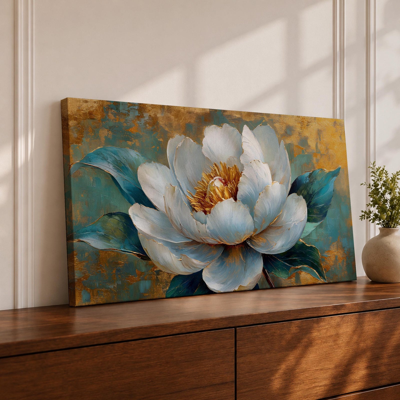 Panoramic painting of a large white peony blossom with layered petals and a golden center surrounded by teal blue leaves. The composition features textured brushstrokes and metallic gold accents across a teal background, highlighting the flower’s soft petals and botanical form.