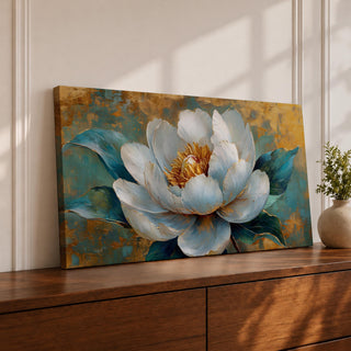 Panoramic painting of a large white peony blossom with layered petals and a golden center surrounded by teal blue leaves. The composition features textured brushstrokes and metallic gold accents across a teal background, highlighting the flower’s soft petals and botanical form.
