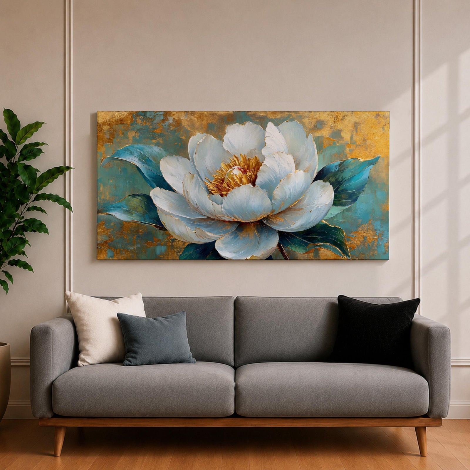 Panoramic painting of a large white peony blossom with layered petals and a golden center surrounded by teal blue leaves. The composition features textured brushstrokes and metallic gold accents across a teal background, highlighting the flower’s soft petals and botanical form.