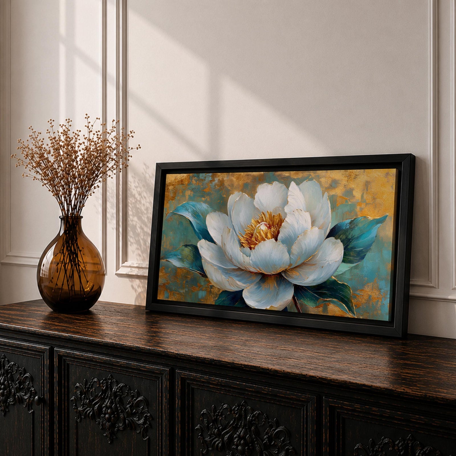 Panoramic painting of a large white peony blossom with layered petals and a golden center surrounded by teal blue leaves. The composition features textured brushstrokes and metallic gold accents across a teal background, highlighting the flower’s soft petals and botanical form.