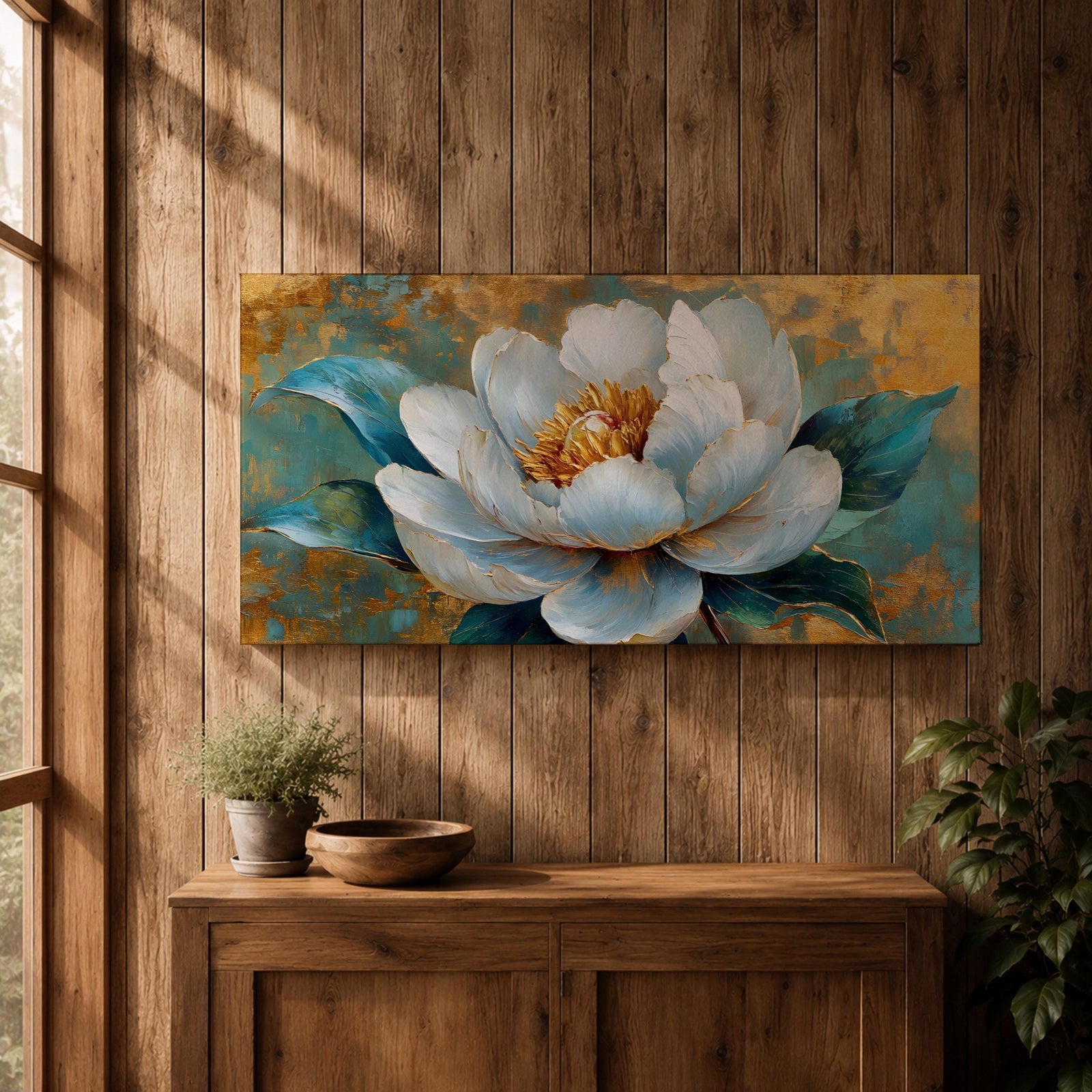 Panoramic painting of a large white peony blossom with layered petals and a golden center surrounded by teal blue leaves. The composition features textured brushstrokes and metallic gold accents across a teal background, highlighting the flower’s soft petals and botanical form.