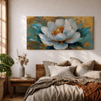Panoramic painting of a large white peony blossom with layered petals and a golden center surrounded by teal blue leaves. The composition features textured brushstrokes and metallic gold accents across a teal background, highlighting the flower’s soft petals and botanical form.