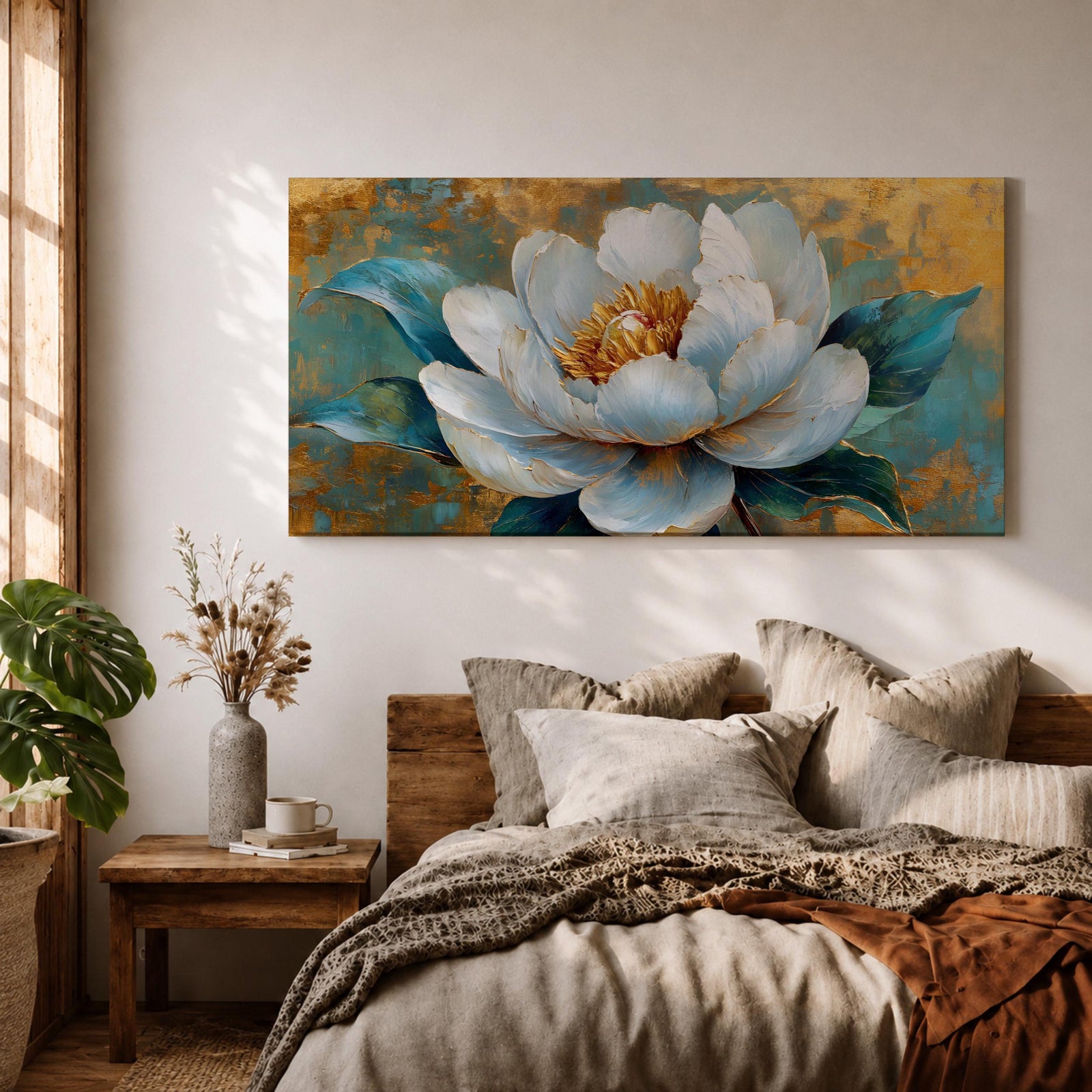 Panoramic painting of a large white peony blossom with layered petals and a golden center surrounded by teal blue leaves. The composition features textured brushstrokes and metallic gold accents across a teal background, highlighting the flower’s soft petals and botanical form.