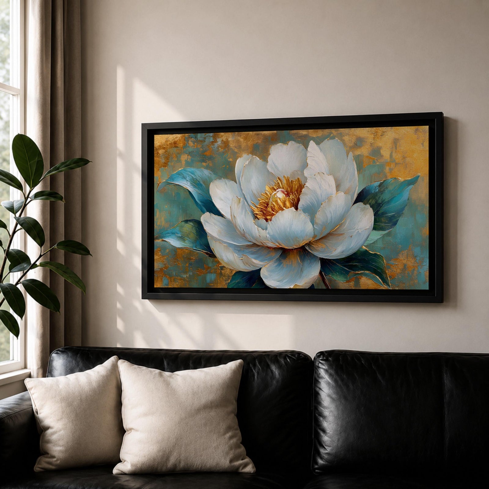 Panoramic painting of a large white peony blossom with layered petals and a golden center surrounded by teal blue leaves. The composition features textured brushstrokes and metallic gold accents across a teal background, highlighting the flower’s soft petals and botanical form.