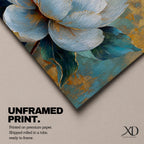Panoramic painting of a large white peony blossom with layered petals and a golden center surrounded by teal blue leaves. The composition features textured brushstrokes and metallic gold accents across a teal background, highlighting the flower’s soft petals and botanical form.