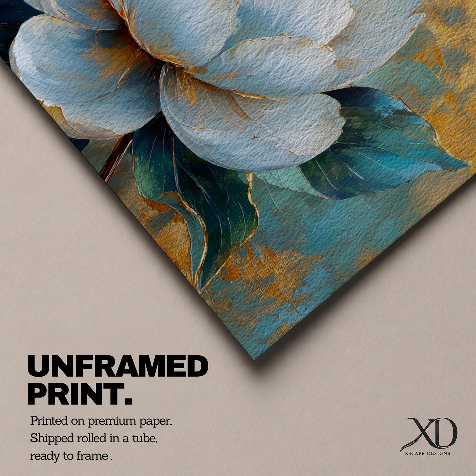 Panoramic painting of a large white peony blossom with layered petals and a golden center surrounded by teal blue leaves. The composition features textured brushstrokes and metallic gold accents across a teal background, highlighting the flower’s soft petals and botanical form.