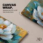 Panoramic painting of a large white peony blossom with layered petals and a golden center surrounded by teal blue leaves. The composition features textured brushstrokes and metallic gold accents across a teal background, highlighting the flower’s soft petals and botanical form.