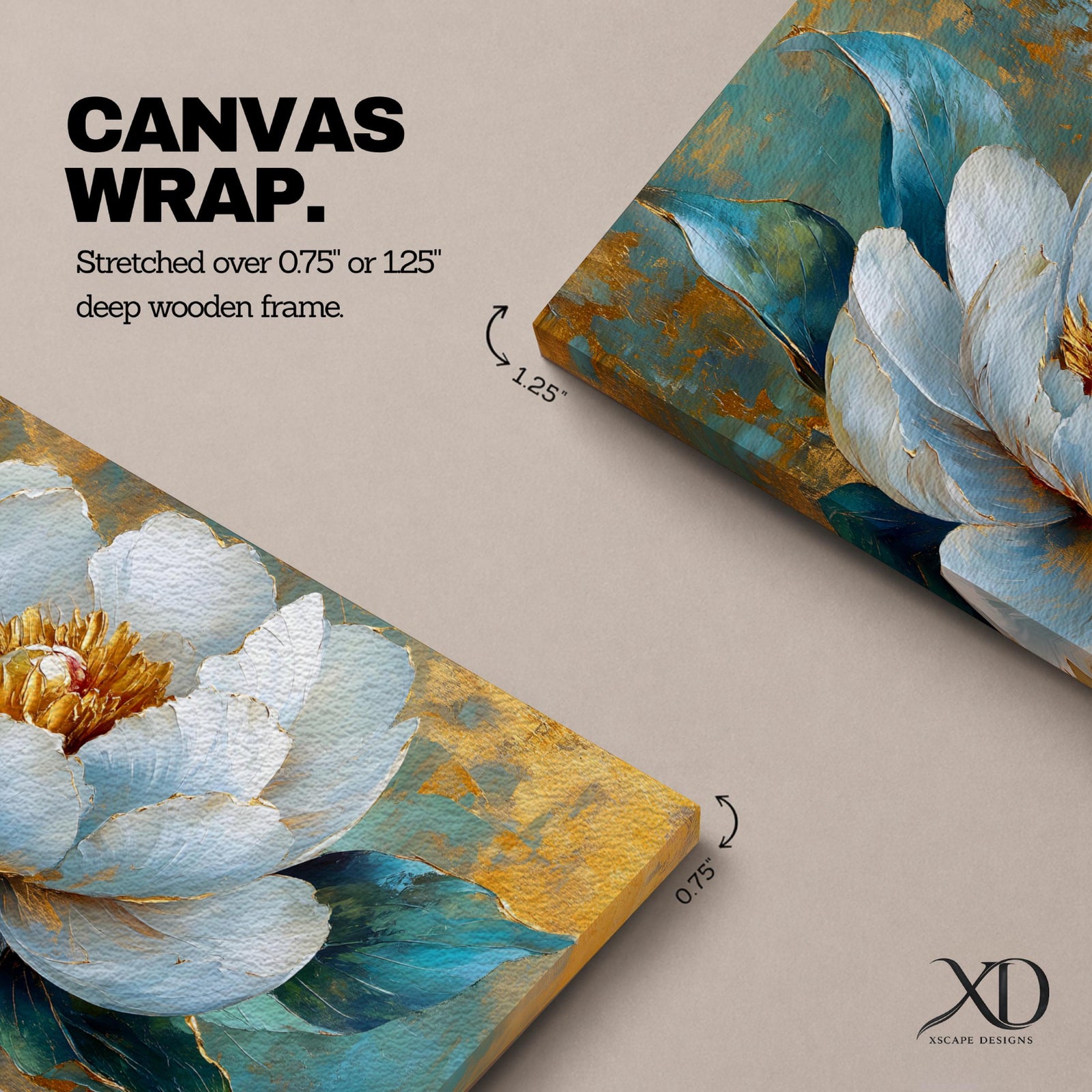 Panoramic painting of a large white peony blossom with layered petals and a golden center surrounded by teal blue leaves. The composition features textured brushstrokes and metallic gold accents across a teal background, highlighting the flower’s soft petals and botanical form.