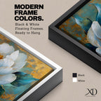 Panoramic painting of a large white peony blossom with layered petals and a golden center surrounded by teal blue leaves. The composition features textured brushstrokes and metallic gold accents across a teal background, highlighting the flower’s soft petals and botanical form.