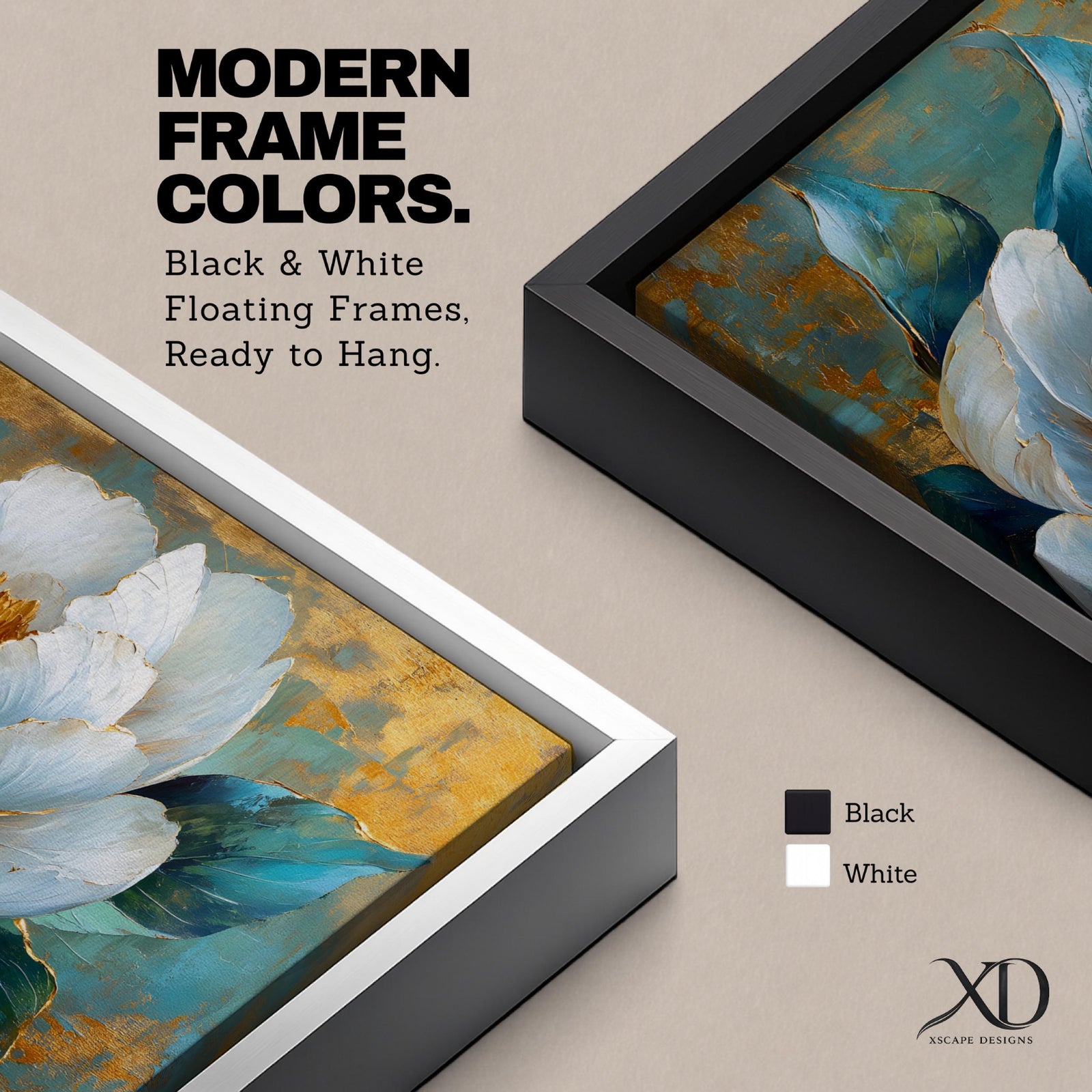 Panoramic painting of a large white peony blossom with layered petals and a golden center surrounded by teal blue leaves. The composition features textured brushstrokes and metallic gold accents across a teal background, highlighting the flower’s soft petals and botanical form.