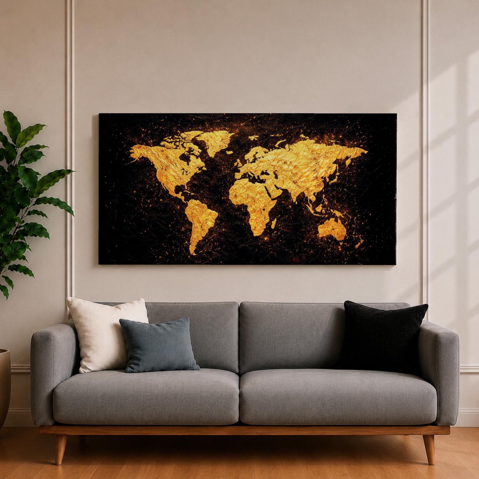 Panoramic artwork of a world map rendered in textured metallic gold against a deep black background. The continents appear with rough painterly edges and splattered gold accents, creating a bold global composition with strong contrast and modern map styling.