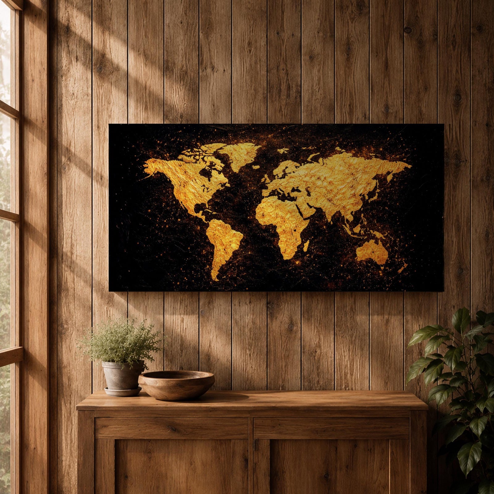 Panoramic artwork of a world map rendered in textured metallic gold against a deep black background. The continents appear with rough painterly edges and splattered gold accents, creating a bold global composition with strong contrast and modern map styling.
